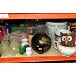 A COLLECTION OF GLASS LIGHT SHADES, CANDLE HOLDERS, etc, including a collection of coloured tea