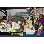 TWO BOXES AND LOOSE OF CERAMICS, GLASS, ARTIFICIAL FLOWERS, etc, including a 'Victoria' sewing