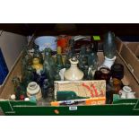 TWO BOXES OF GLASS, CERAMICS AND SUNDRIES to include early 20th Century glass bottles - H Chapman