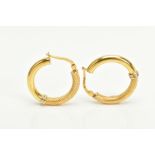 A PAIR OF MODERN 18CT GOLD HOOP EARRINGS, measuring approximately 22mm in diameter, stamped with