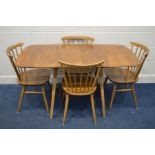A BLONDE ERCOL MODEL 383 ELM AND BEECH DROP LEAF DINING TABLE, open length 138cm x closed length