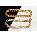 A 9CT GOLD ROPE TWIST CHAIN AND A BRACELET, the hollow rope twist chain, fitted with a spring clasp,