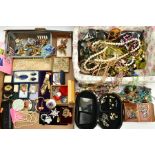 A BOX AND WICKER BASKET OF MAINLY COSTUME JEWELLERY, to include pieces such as a 'Monet' gold tone