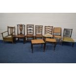 FOUR VARIOUS PERIOD COUNTRY OAK CHAIRS, one rush seated, together with two cane topped stools,