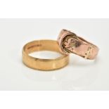 TWO 9CT GOLD RINGS, the first a rose gold belt buckle design with a rubbed foliate decoration,