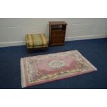 A SQUARE REPRODUCTION MAHOGANY FOOTSTOOL, 53cm squared together with a mahogany bedside cabinet