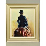 JOY HARRIS (BRITISH CONTEMPORARY) 'Top Hat', a female figure riding a horse side saddle, signed