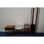 A DISTRESSED GEORGIAN MAHOGANY TRIPLE FOLDING FLOOR STANDING SCREEN, together with an oak drop