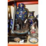 A GROUP OF 20TH CENTURY ORIENTAL CLOISONNE, CHAMPLEVE, LACQUERED ITEMS, etc, including a painted