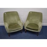 A PAIR OF GUY ROGERS FRISCO BAY LOUNGE CHAIRS, covered in green upholstery on a teak stylised