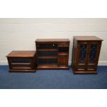 THREE VARIOUS PIECES OF OLD CHARM FURNITURE, to include a glazed sliding bookcase, lead glazed hi fi