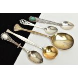 A SMALL PARCEL OF SILVER/WHITE METAL SPOONS, to include a foliate engraved soup spoon, hallmarked