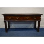 A GEORGIAN AND LATER OAK DRESSER BASE, plank top, over two frieze drawers with brass swan neck