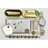 A BOX OF ITEMS, to include a small box of watch parts and coins, a white metal cigarette case, a