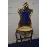 A FRENCH GILTWOOD MIRROR BACK CONSOLE TABLE, with a marble top, width 100cm x depth 31cm x height