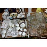 THREE BOXES AND LOOSE CERAMICS AND GLASS to include Wellington China part teaset, Royal Stuart and