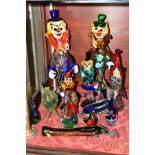 A GROUP OF MUNRANO AND OTHER GLASS FIGURES, BIRDS, ETC, to include four clowns, tallest height