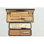 A BALL POINT PARKER PEN AND A SHAFFER FOUNTAIN PEN, a cased parker 25 stainless steel, together with