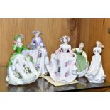 TWO ROYAL DOULTON LADIES AND THREE LIMITED EDITION ROYAL WORCESTER LADIES, comprising Royal