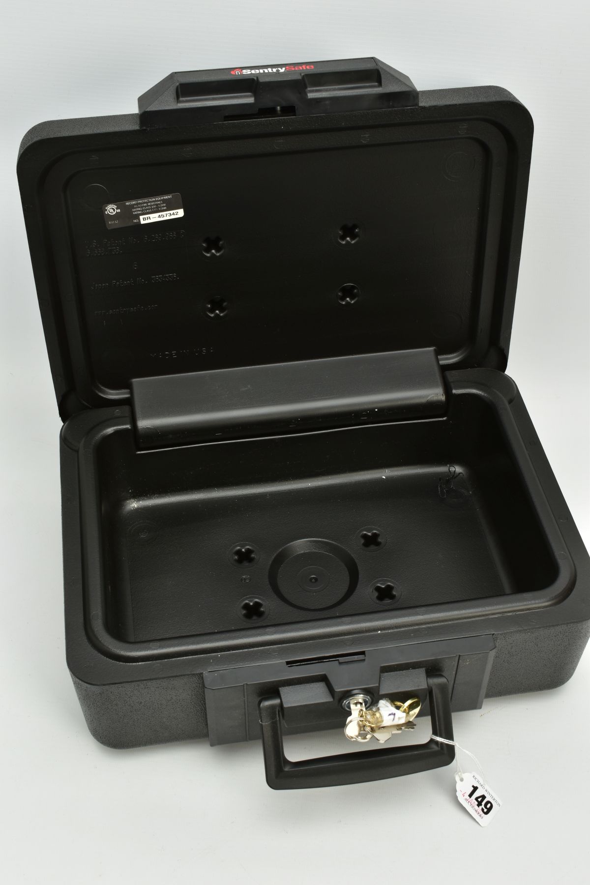 A BLACK SENTRYSAFE 1100 FIRE CHEST, fitted with a carrying handle, serial number to the inside of - Image 2 of 2