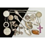 A SELECTION OF ITEMS, to include a silver teaspoon, with an engraved picture of Kirkstall abbey,