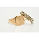 A GENTS SIGNET RING AND A FULL ETERNITY RING, the yellow metal gents signet ring, with a rubbed