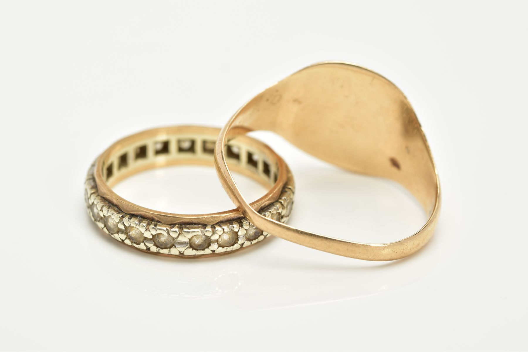 A GENTS SIGNET RING AND A FULL ETERNITY RING, the yellow metal gents signet ring, with a rubbed - Image 3 of 3