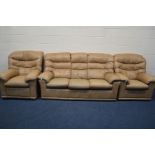 A G PLAN BROWN LEATHER THREE PIECE LOUNGE SUITE, comprising a three seater settee, manual