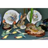A SET OF THREE BESWICK KINGFISHER WALL PLAQUES AND OTHER BIRD ORNAMENTS, etc, the wall plaques model
