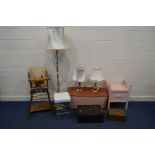 A QUANTITY OF OCCASIONAL FURNITURE, to include a metamorphic high chair, two wooden boxes, wicker