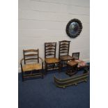TWO PERIOD COUNTRY OAK LADDERBACK CHAIRS, together with an oak rush seated elbow chair, brass