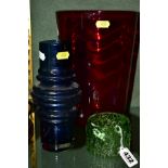 THREE PIECES OF 20TH CENTURY STUDIO GLASS, to include a Whitefriars ruby tumbler vase, height