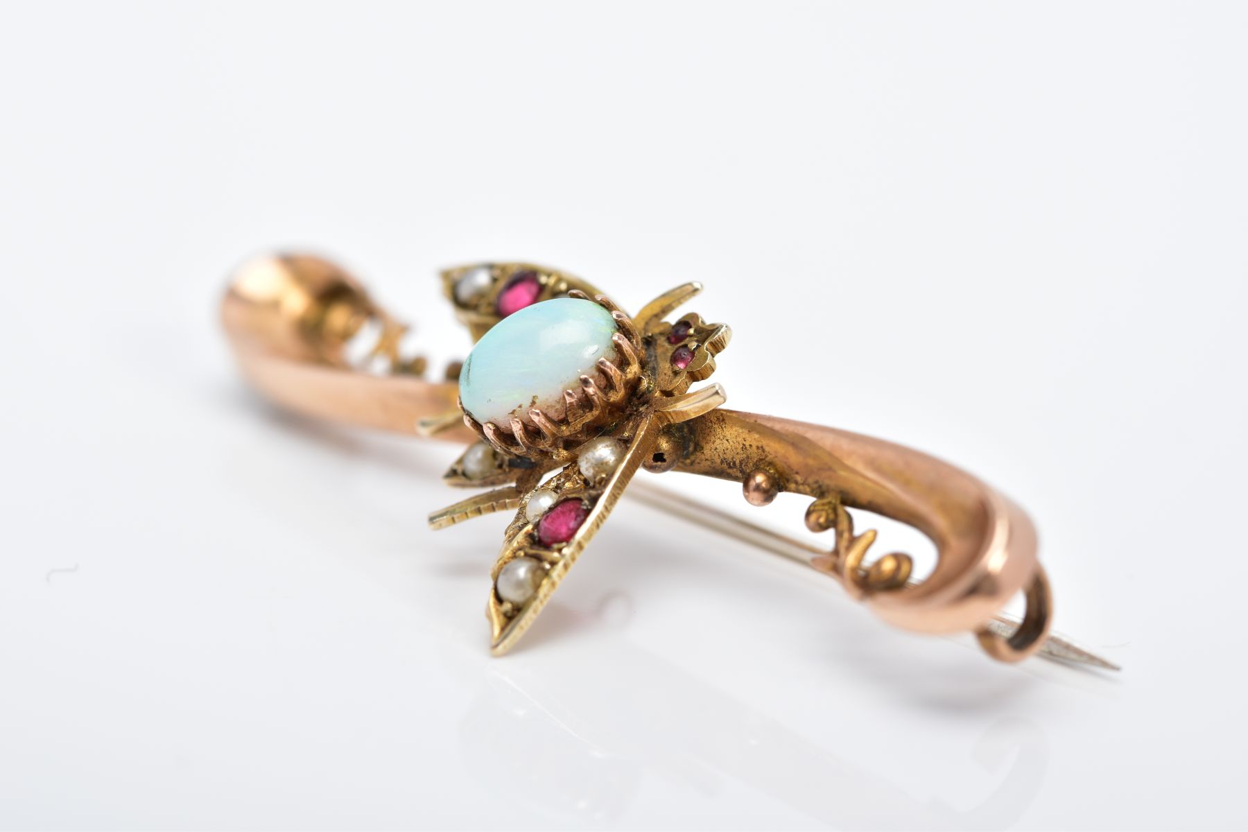 A 9CT GOLD OPAL, RUBY AND PEARL BEETLE BROOCH, the scroll designed bar brooch, with a central beetle - Image 3 of 4