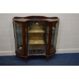 A 1940'S MAHOGANY CHINA CABINET, with a central glass front with two shelves, flanked by single