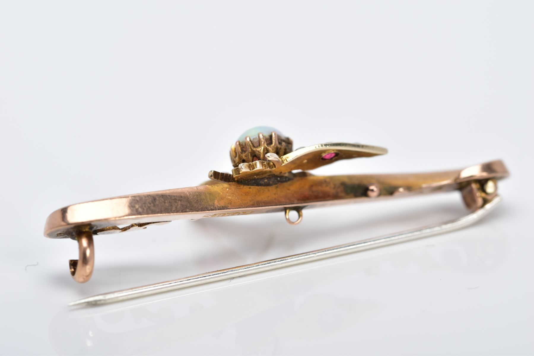 A 9CT GOLD OPAL, RUBY AND PEARL BEETLE BROOCH, the scroll designed bar brooch, with a central beetle - Image 4 of 4