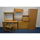 A QUANTITY OF MODERN PINE FURNITURE to include a single door wardrobe chest of two over two