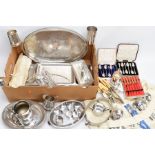 A BOX OF METALWARE, to include a silver plated on copper oval foliate engraved tray, two 'Walker &