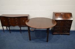 A MODERN MAHOGANY BUREAU together with a circular extending dining table and a sideboard (3)