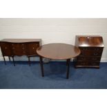 A MODERN MAHOGANY BUREAU together with a circular extending dining table and a sideboard (3)