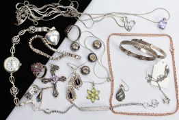 A SELECTION OF JEWELLERY, to include a white metal open work star pendant necklace, the pendant