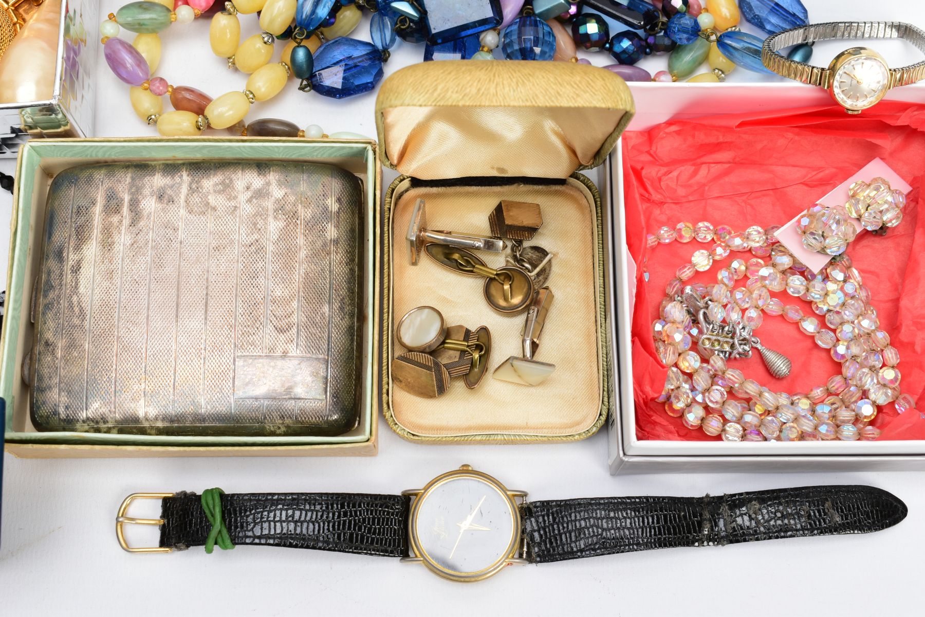 A BOX OF MOSTLY COSTUME JEWELLERY, to include a silver foliate engraved hinged bangle (large dent to - Image 6 of 10
