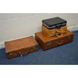 A VINTAGE BROWN LEATHER SUITCASE together with a snake skin style leather suitcase a tan briefcase