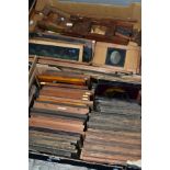 COLLECTION OF MOSTLY HAND PAINTED MAGIC LANTERN SLIDES, wood framed, to include panoramic slides and