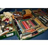 FIVE BOXES OF BOOKS AND SUNDRIES, to include photo frames, Christmas ornaments, papier mache