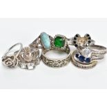A SELECTION OF WHITE METAL RINGS, to include ten rings of various designs such as a cubic zirconia