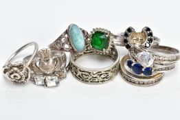 A SELECTION OF WHITE METAL RINGS, to include ten rings of various designs such as a cubic zirconia