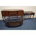 A MODERN BACK FINISH COFFEE TABLE together with a mahogany serpentine sideboard, mahogany glazed