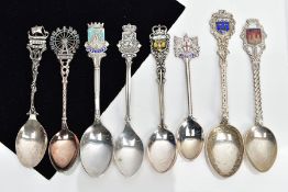 EIGHT ENGLISH AND CONTINENTAL COLLECTABLE SILVER TEASPOONS, of various designs such as a London