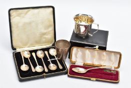 A SELECTION OF SILVER ITEMS, to include a cased set of six George V plain polished teaspoons, each