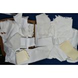 A BOX OF 20TH CENTURY TABLE LINEN, some damask tablecloths and napkins, one cloth 'Old Willow'